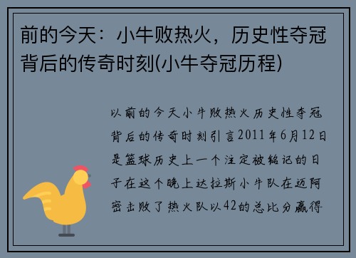 前的今天：小牛败热火，历史性夺冠背后的传奇时刻(小牛夺冠历程)