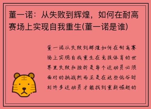 董一诺：从失败到辉煌，如何在耐高赛场上实现自我重生(董一诺是谁)