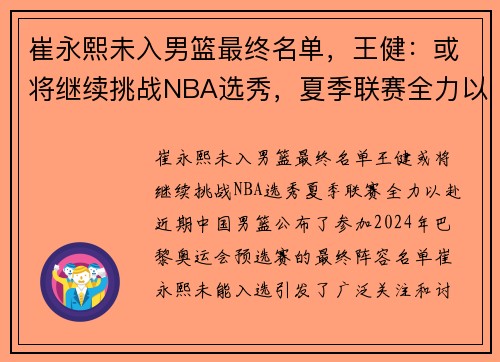 崔永熙未入男篮最终名单，王健：或将继续挑战NBA选秀，夏季联赛全力以赴