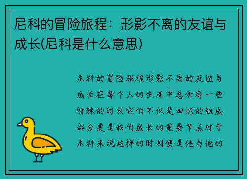 尼科的冒险旅程：形影不离的友谊与成长(尼科是什么意思)