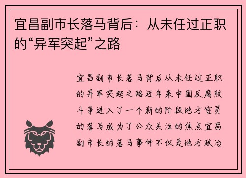 宜昌副市长落马背后：从未任过正职的“异军突起”之路