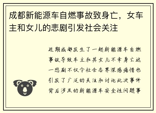 成都新能源车自燃事故致身亡，女车主和女儿的悲剧引发社会关注