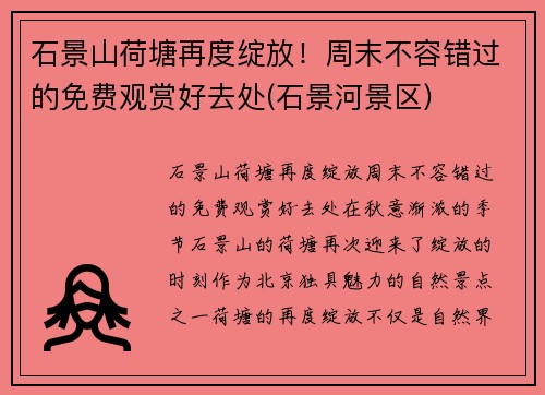石景山荷塘再度绽放！周末不容错过的免费观赏好去处(石景河景区)