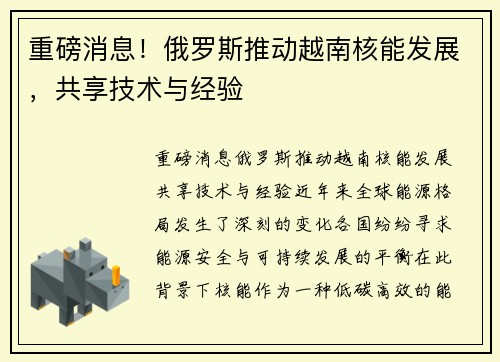 重磅消息！俄罗斯推动越南核能发展，共享技术与经验