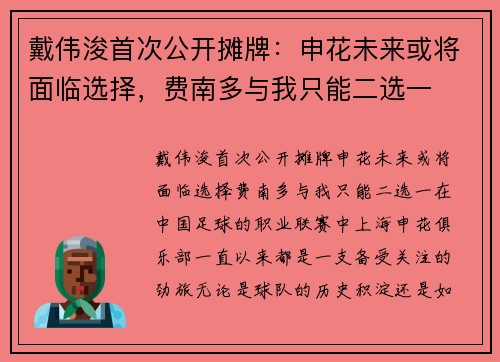 戴伟浚首次公开摊牌：申花未来或将面临选择，费南多与我只能二选一